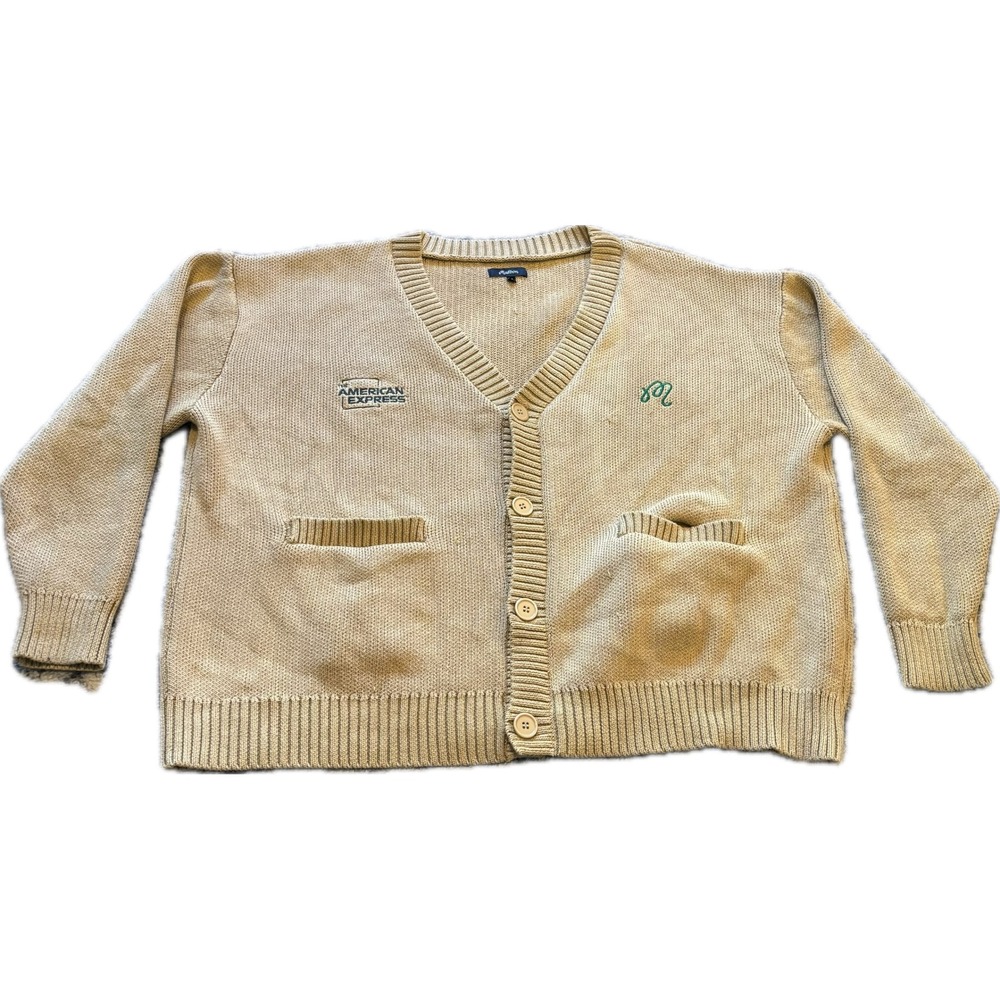Malbon Golf American Express Cardigan Sweater Mens Medium Tan Embroidered Knit